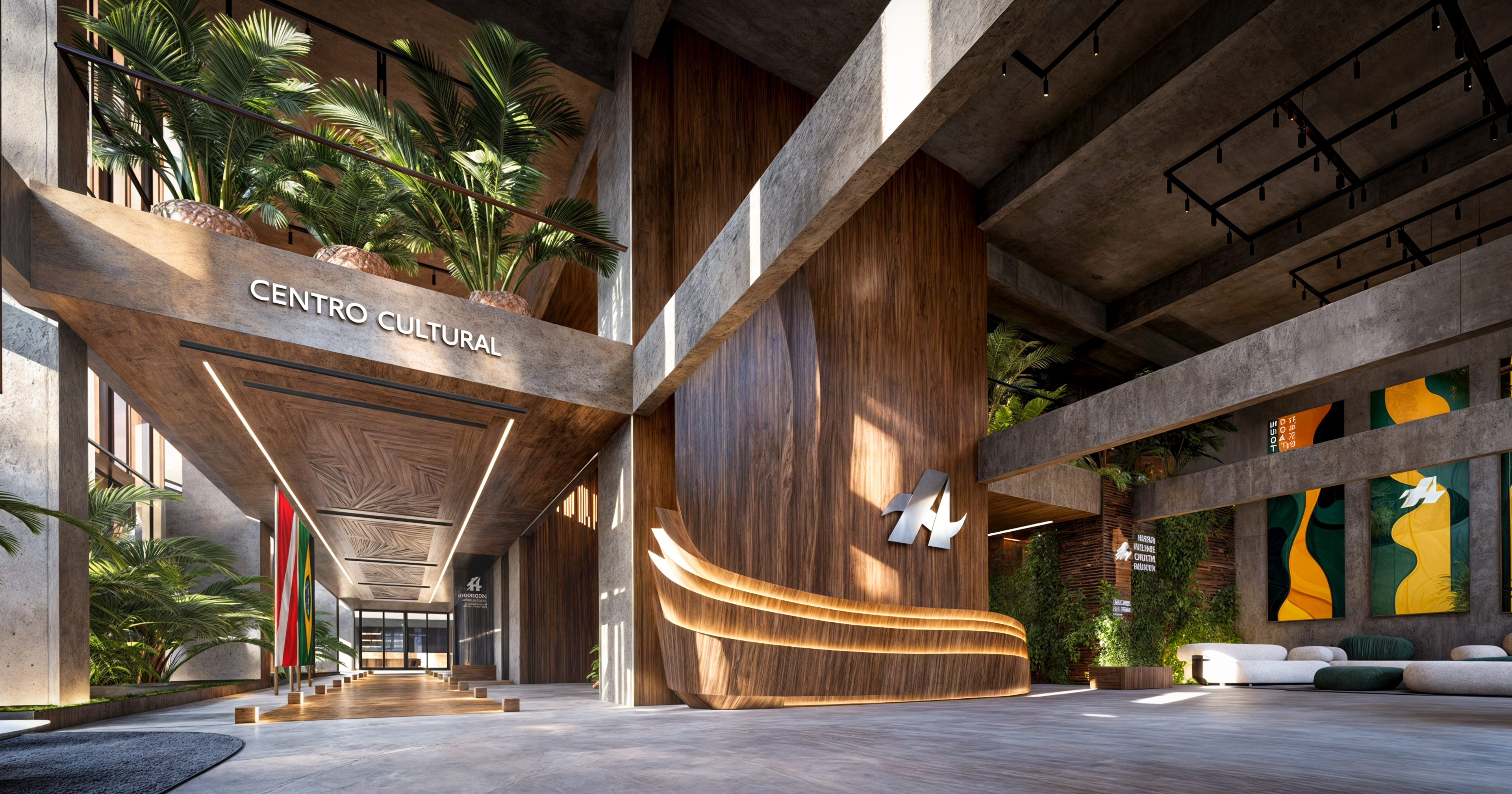 Centro Cultural Banco da Amazônia — recepção e balcão curvo em madeira