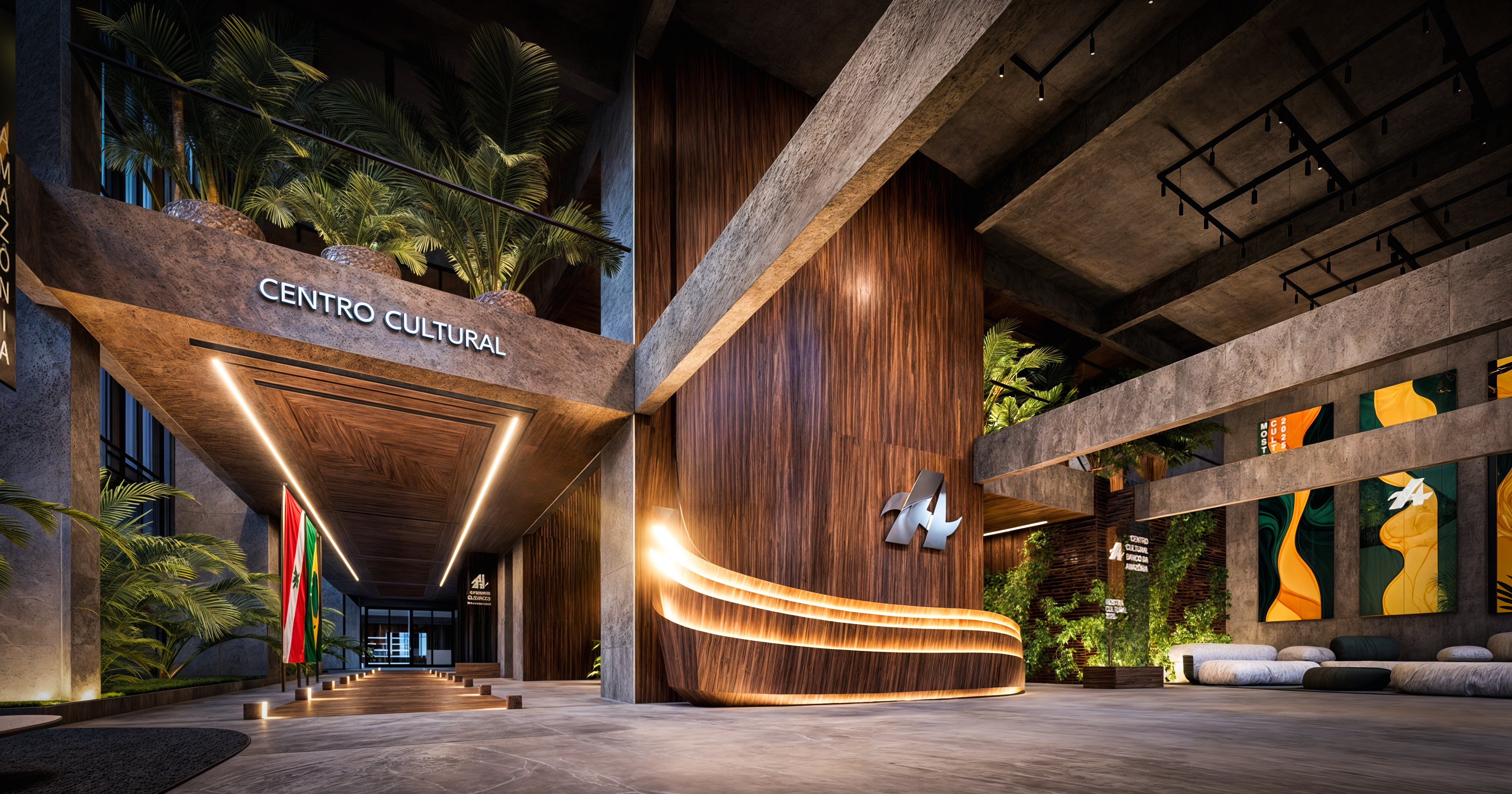 Centro Cultural Banco da Amazônia — recepção e balcão curvo iluminado, à noite